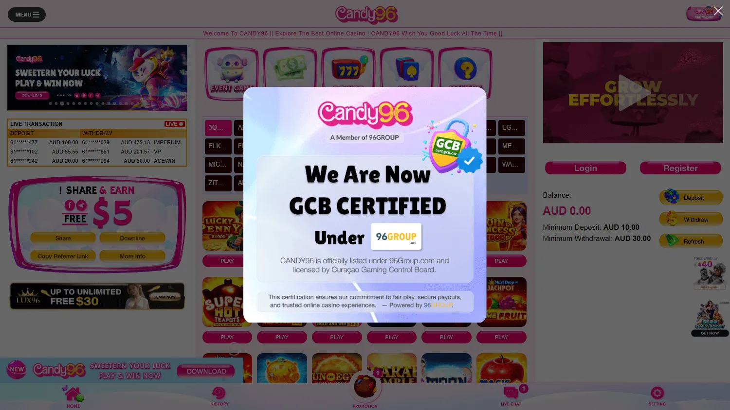 Candy96 Casino game selection on a desktop screen