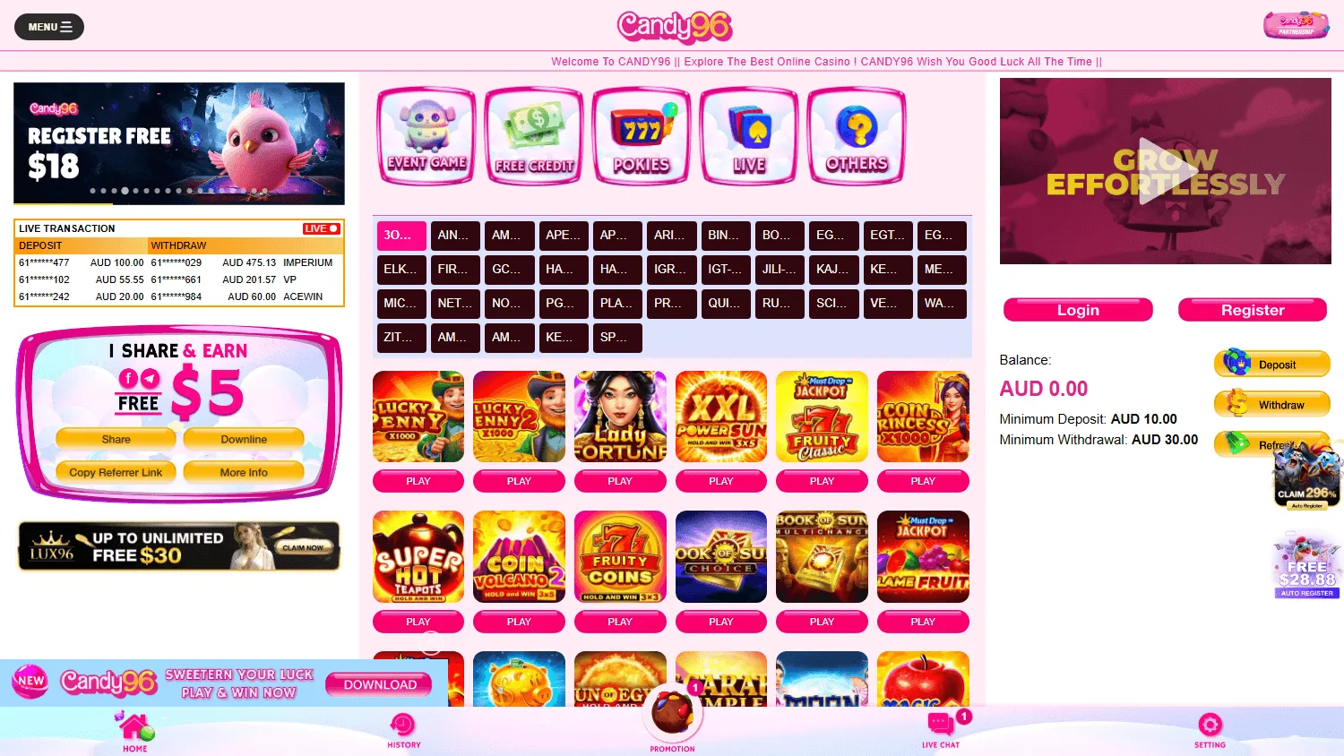 Candy96 Casino home interface on a desktop screen