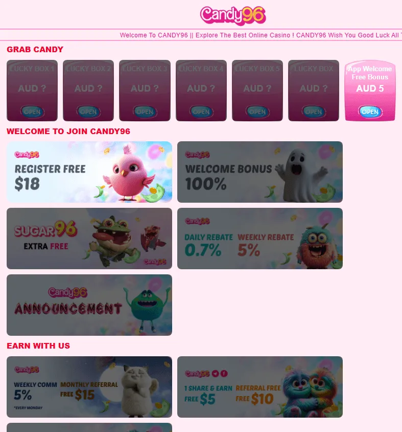 Candy96 Casino promotions area on a desktop screen