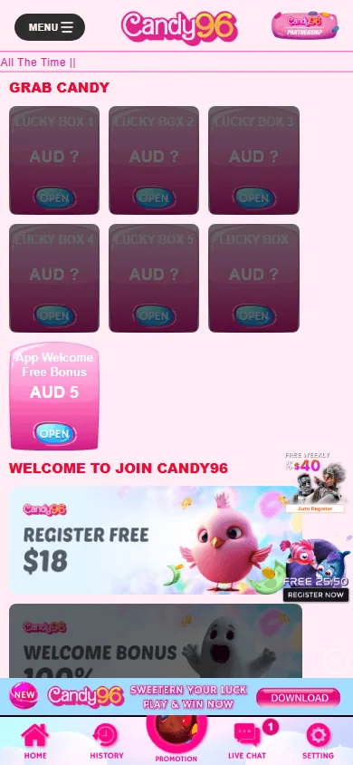 Candy96 Casino promotions area accessed on a mobile phone